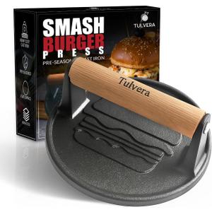 Smash Burger Press | Cast Iron Hamburger Smasher Tool | Flat-Edge Meat Press for Hamburgers, Bacon, Outdoor Kitchen | Griddle & Grilling Accessories | Pre-Seasoned | 6.1