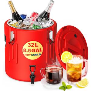 Insulated Beverage Dispenser 32 L - Ice and Hot Drink Dispenser with 304 Stainless Steel Interior and Spout, Portable Hot Water Dispenser, Outdoors Cooler Jug for Camping Party, 8.5 Gallon