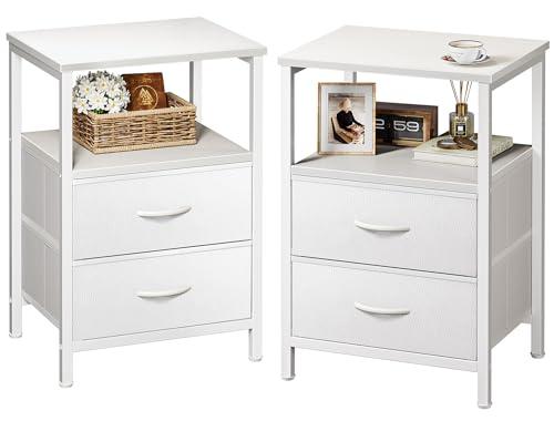 Huuger Night Stand Set of 2, Nightstand with 2 Drawers, Bed Side Table with Open Shelf, Wooden Top, End Table, PU Leather Fabric Drawer Surface, for Bedroom, White