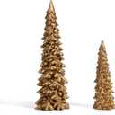 RM ROOMERS Christmas Tree Figurines, 2Pcs Christmas Trees Resin Distressed Gold Table Top, Small Xmas Tree Figurine Set, Decorative Xmas Trees for Rustic Mantle Centerpieces