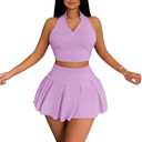 RoseSeek Women's 2 Piece Tennis Skirt Set Sleeveless Racerback Crop Tank Tops High Waisted Pleated Mini Skirt Outfits (X-Large, Light Purple)