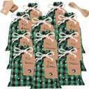 Shappy 24 Pcs Christmas Drawstring Gift Bags Xmas Buffalo Plaid Burlap Advent Bags 7 x 5 Inches Linen Treat Candy Bag with 32.8 ft Rope 24 Card(Black Green Snowflake)