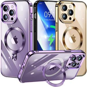 [CD Loop Compatible with MagSafe Invisible Ring Stand]Magnetic for iPhone 13 Pro Max Case, [Electroplated Bumper Non-Yellowing][Look as Bare iPhone]Slim Clear Case with Holder for Women Men Girls (Purple)