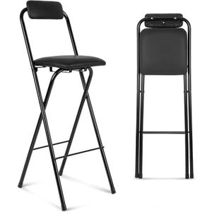 Thyle 1 Pcs Folding Bar Stool with Backrest, Tall Foldable Stool Chair Portable High Folding Bar Chair Counter Height Seat Leather Padded for Kitchen Island Shop Cafe Dining Room Black (29.5 Inch)