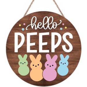 Easter Door Decorations Bunny Decor - Hello Peeps Rabbit Wall Sign - Wooden Welcome Door Hanger Wreath for Easter Decorations for the Home Party Supplies