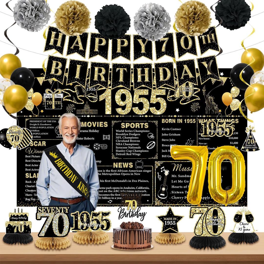 70th Birthday Decorations for Men, Black Gold Back In 1955 Birthday Banner Decorations, Vintage 70th Birthday Table Decorations, Cake Topper, Balloons, Backdrop, Sash Party Supplies for Men