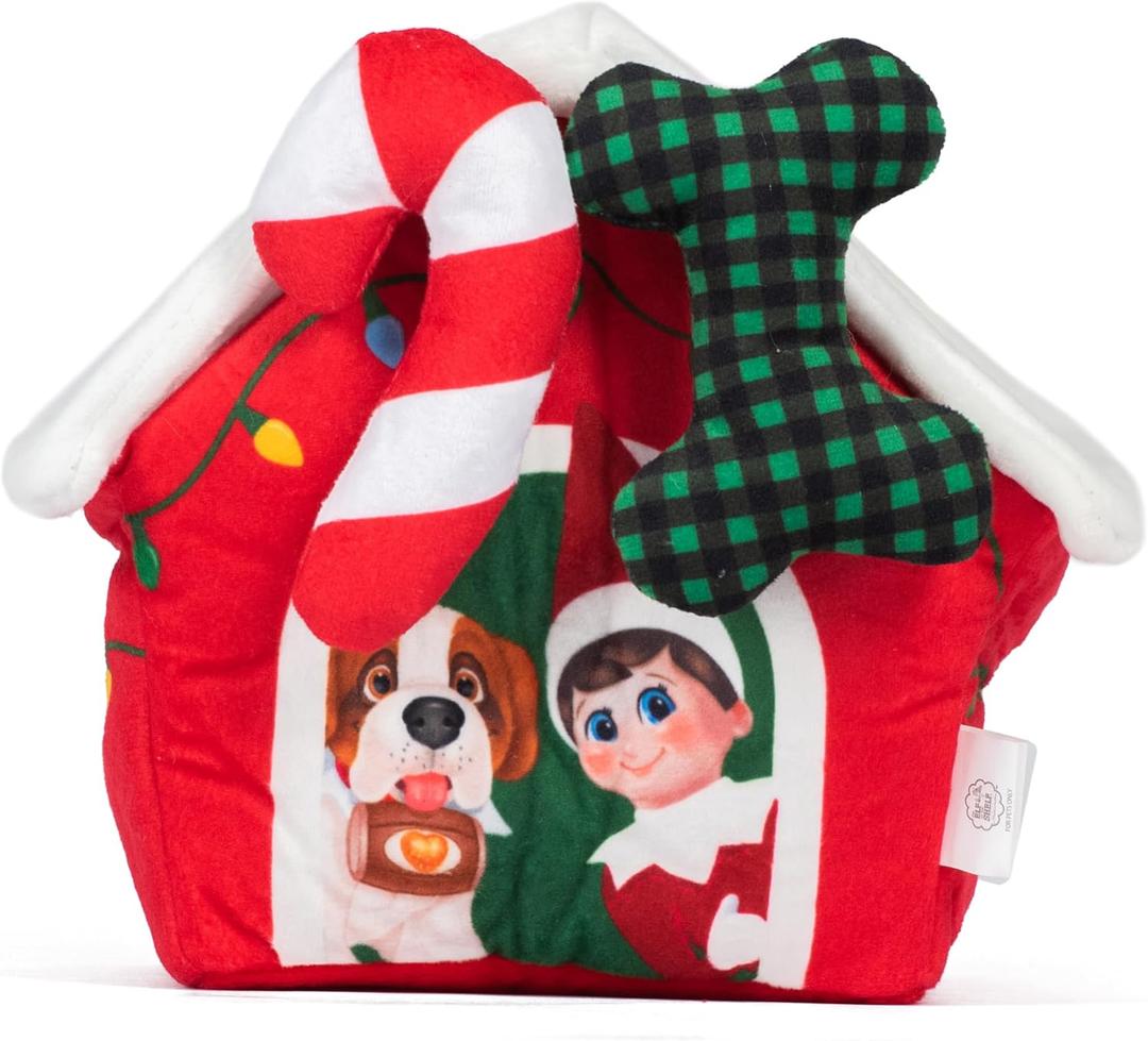 The Elf on the Shelf Doghouse Plush Burrow Toy for Pets | 7 Inch Plush Dog House with 2 Removable Plush Toys for Dogs, Bone & Candy Cane with Crinkle Texture (3-Pack)