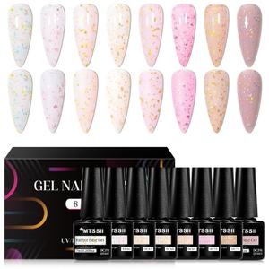 MTSSII Rubber Base Gel Nail Polish Kit with Golden Sequins For Nails, Glitter Sequins Gel Nail Polish Set, Soak Off UV Cured Nail Nail Art Design at Home