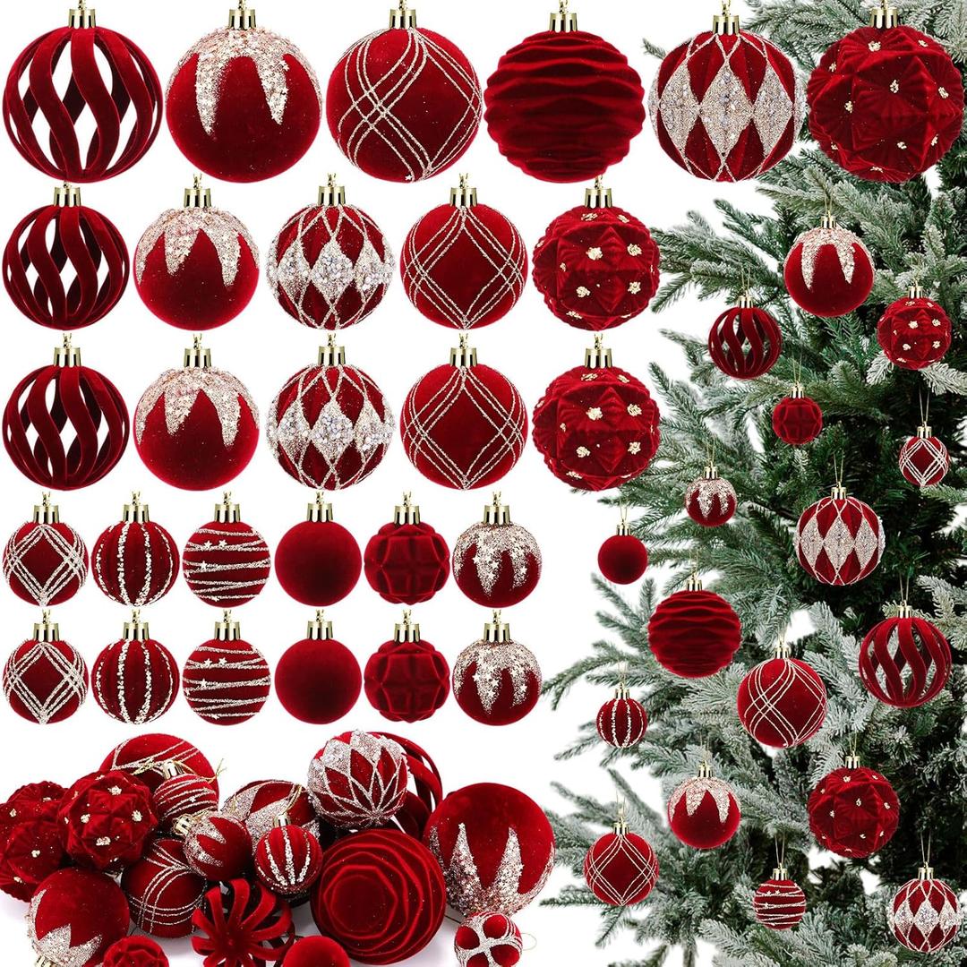 Gemscream 48 Pcs Burgundy Velvet Christmas Balls Flocked Christmas Tree Ornaments with 10 Styles in 3 Sizes Plastic Balls Xmas Hanging Ornaments Decoration