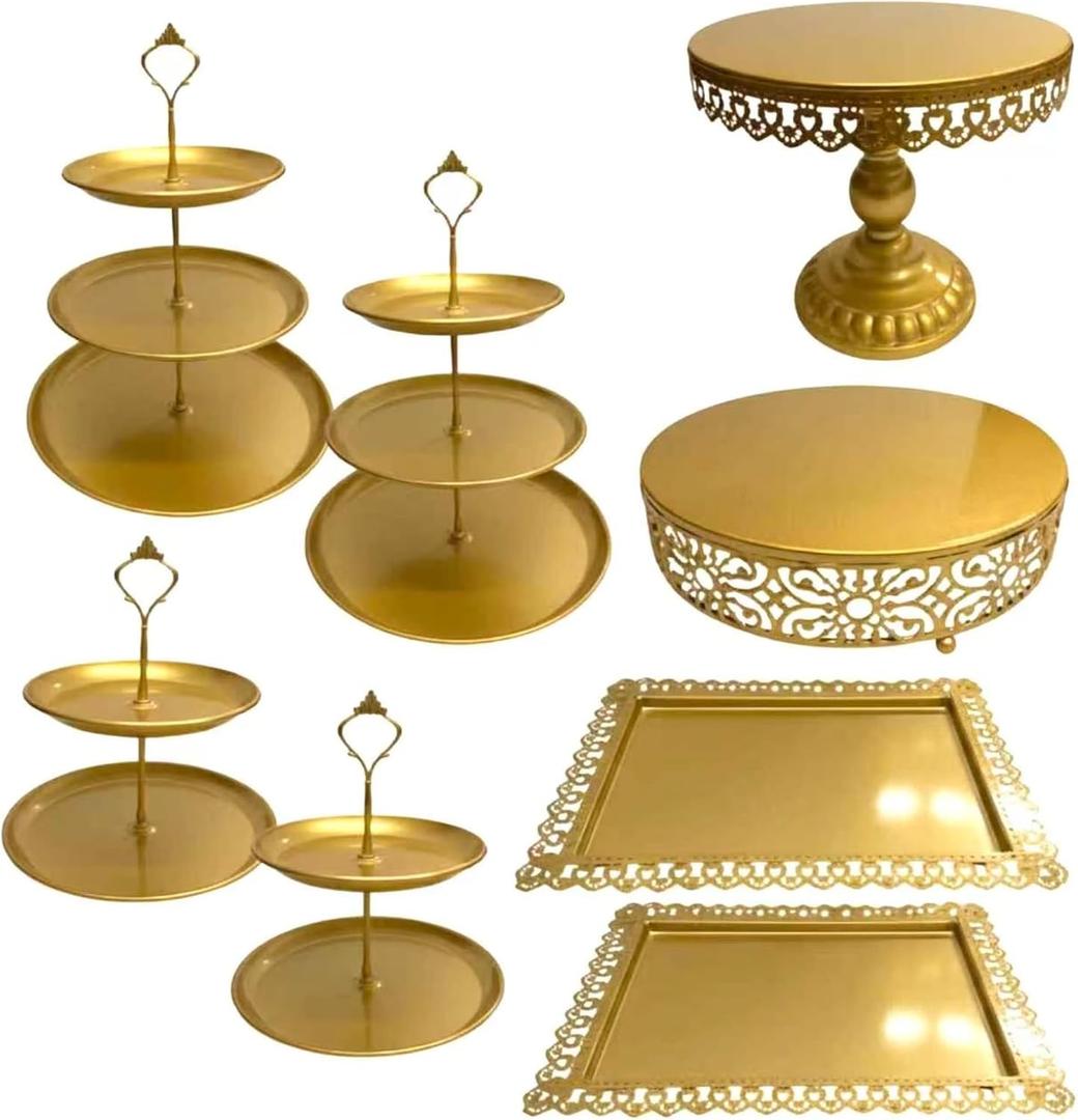 8 Pcs Cake Stands Set Metal Dessert Table Display Tiered Cupcake Holder Candy Donut Fruit Plate Cake Serving Tray Candlestick Display Treats Serving Tower for Wedding Birthday Party Decor (Gold)
