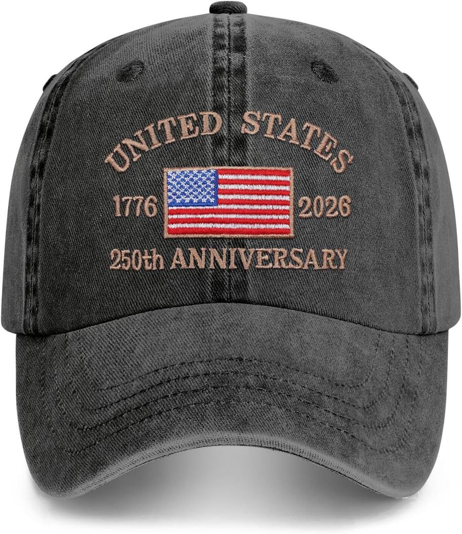 250 Anniversary USA Hat Baseball Cap for Men Women Embroidered (Black, M)
