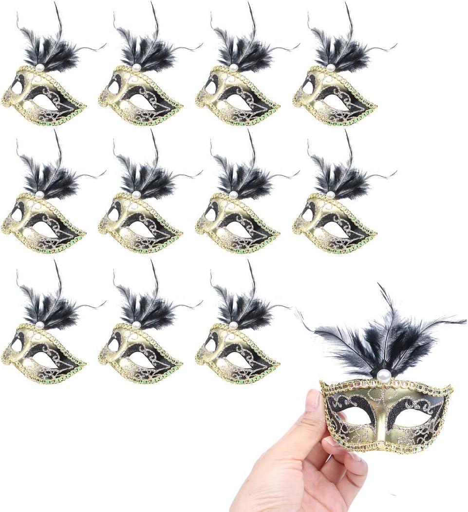 Hophen 24 Pieces Decorative Mini Masquerade Mask Party Decorations Luxury Feather Mardi Gras Venetian Mask Party Favors (Black)
