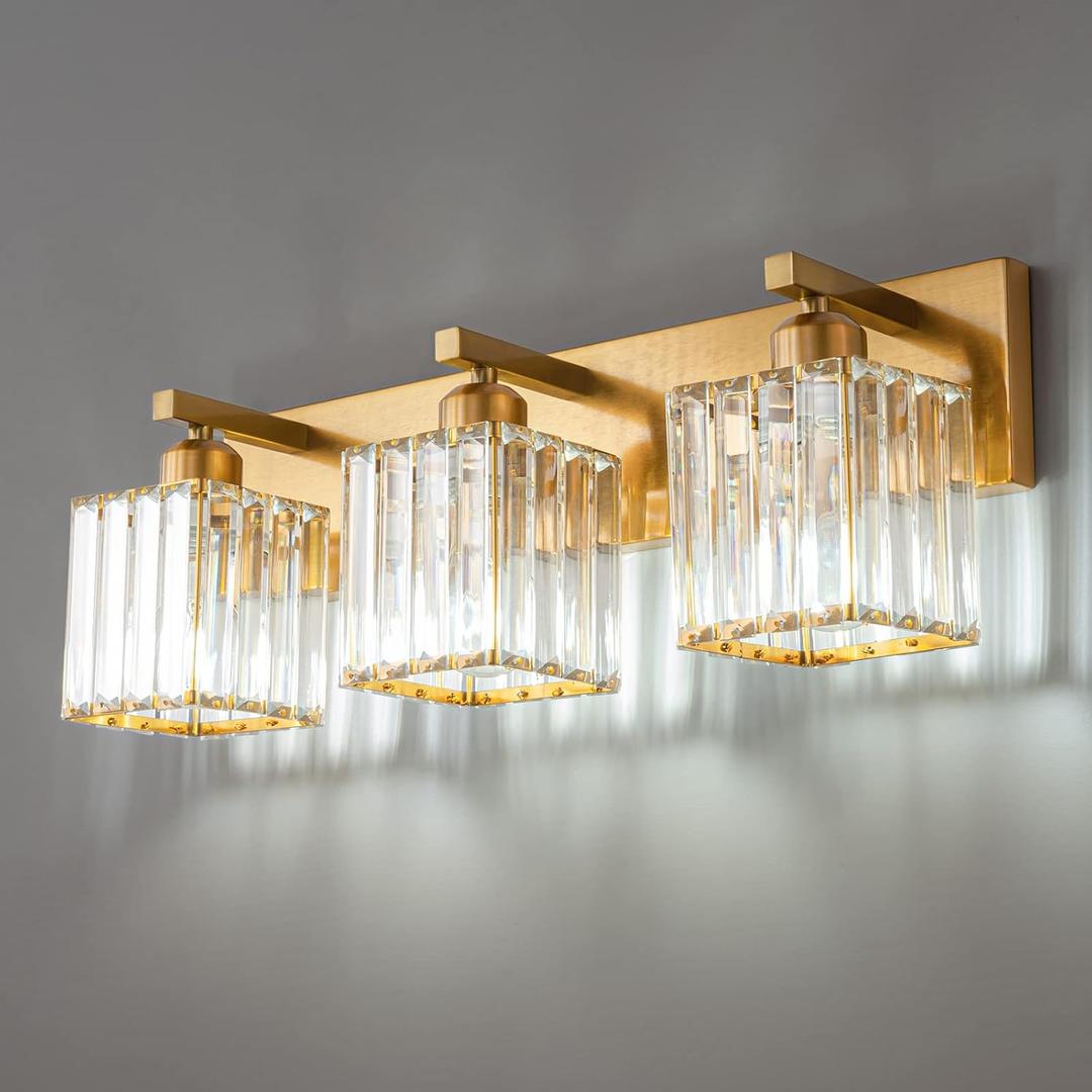 Modern Bathroom Vanity Light 3-Lights Gold Crystal Bathroom Wall Light Vanity Light Fixtures 20.47-inch Modern Minimalist Design