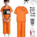 Kids Prisoner Costume Orange Prison Inmate Outfit Halloween Jail Criminal Jumpsuit Pant Set for Boys Girls (Large)