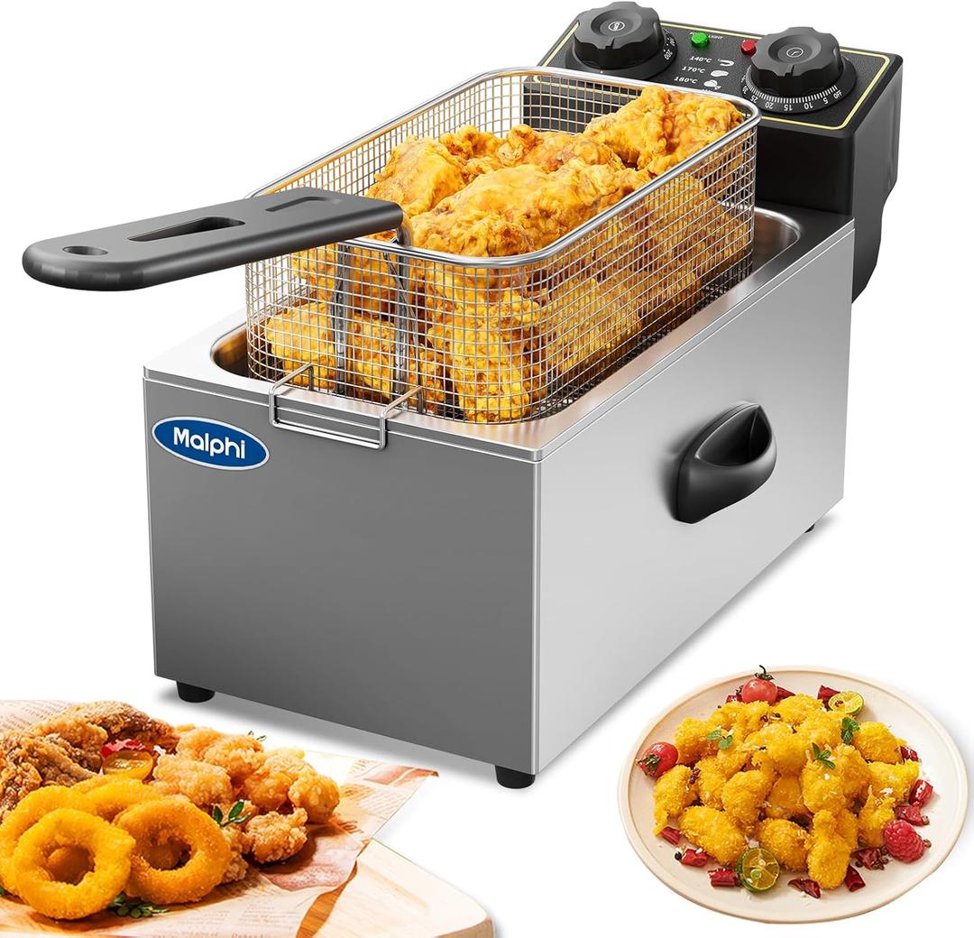 3 Litre Malphi Deep Fat Fryer Adjustable Temperature, Chip Pans - Basket & Lid - Fast 2000w High Power, Electric Oil Pot - Overheat Protection & Timer (3L-Single Electric Deep Fryer)