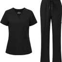 floralhue Scrubs for Women, V-Neck Scrubs Top & Cargo Pants with 12 Pockets, Yoga Waistband, 4 Way Stretch (Black, XL)