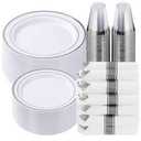 350-Piece Silver Rim Plastic Dinnerware Set for 50 Guests, Elegant Disposable Dinnerware for Party, Wedding, Includes Dinner Plates, Dessert Plates, Silverware, Napkins, Cups, Missing Some Cups