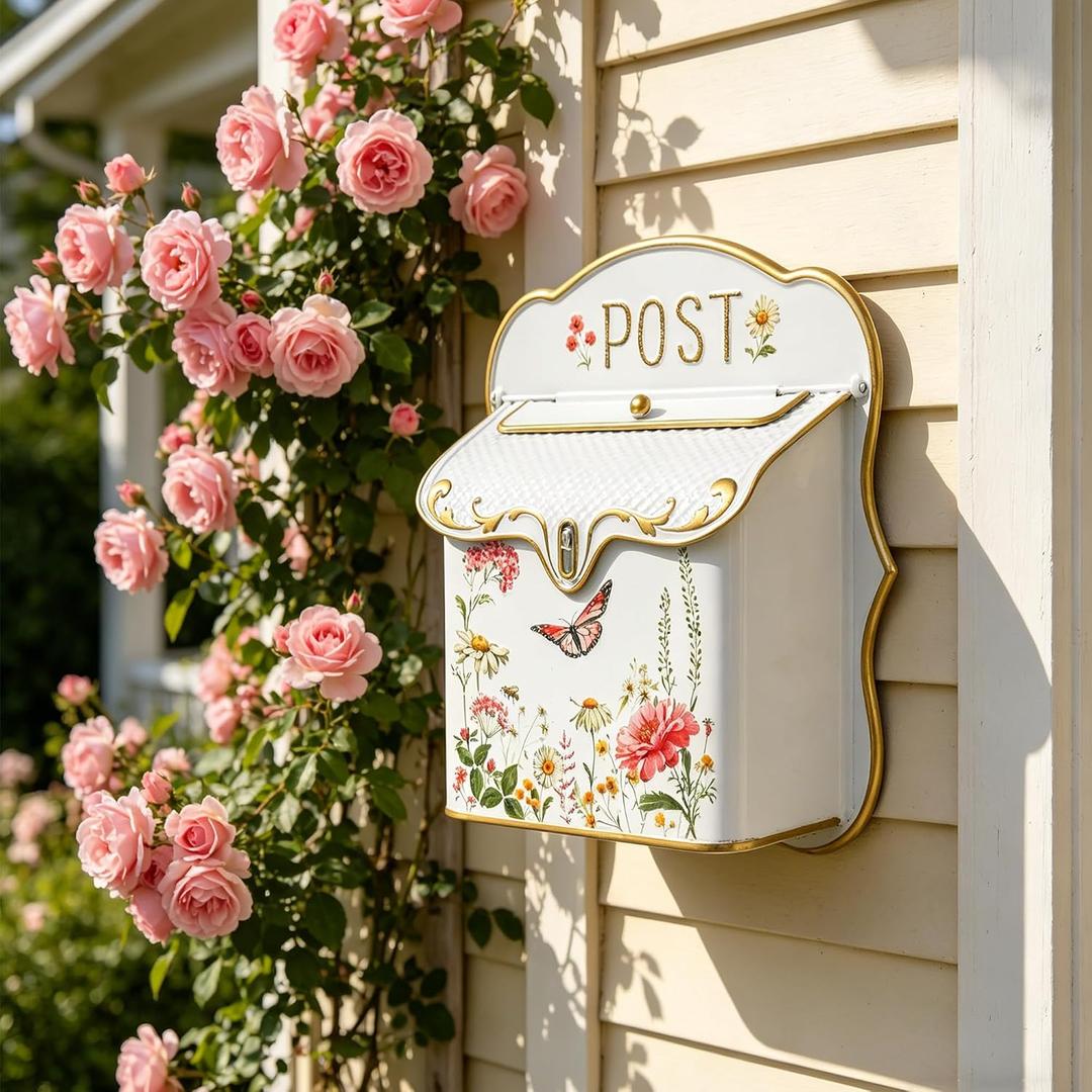 Vintage Floral Wall Mount Mailbox, 12.2" H White Metal Post Box with Gold Trim & Butterfly Design, Decorative Outdoor/Indoor Mail Holder for Porch, Entryway & Garden Decor