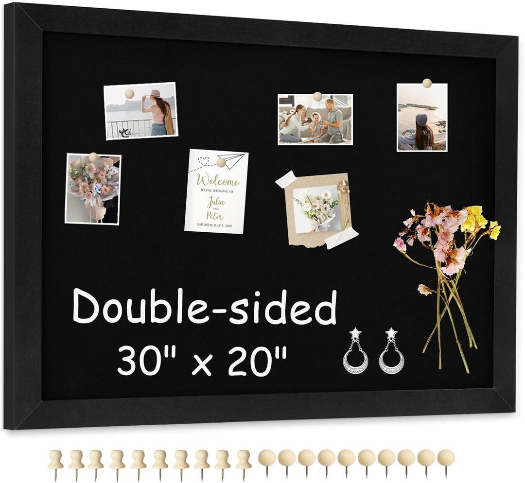 Double-Sided Black Cork Board with Linen, 30" x 20" Hanging Wood Framed Large Bulletin Board, Picture Display Vision Board Kit Corkboards for Wall Room School Office Decor, 20 Pushpins