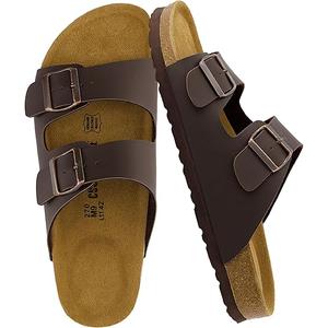 CUSHIONAIRE Lane Cork Footbed Mens Sandals, Adjustable Buckle Comfort Slides for Men, Genuine Leather Insole Summer Sandals Men Footwear No Size  Brown Nappa, Mens 9-10 