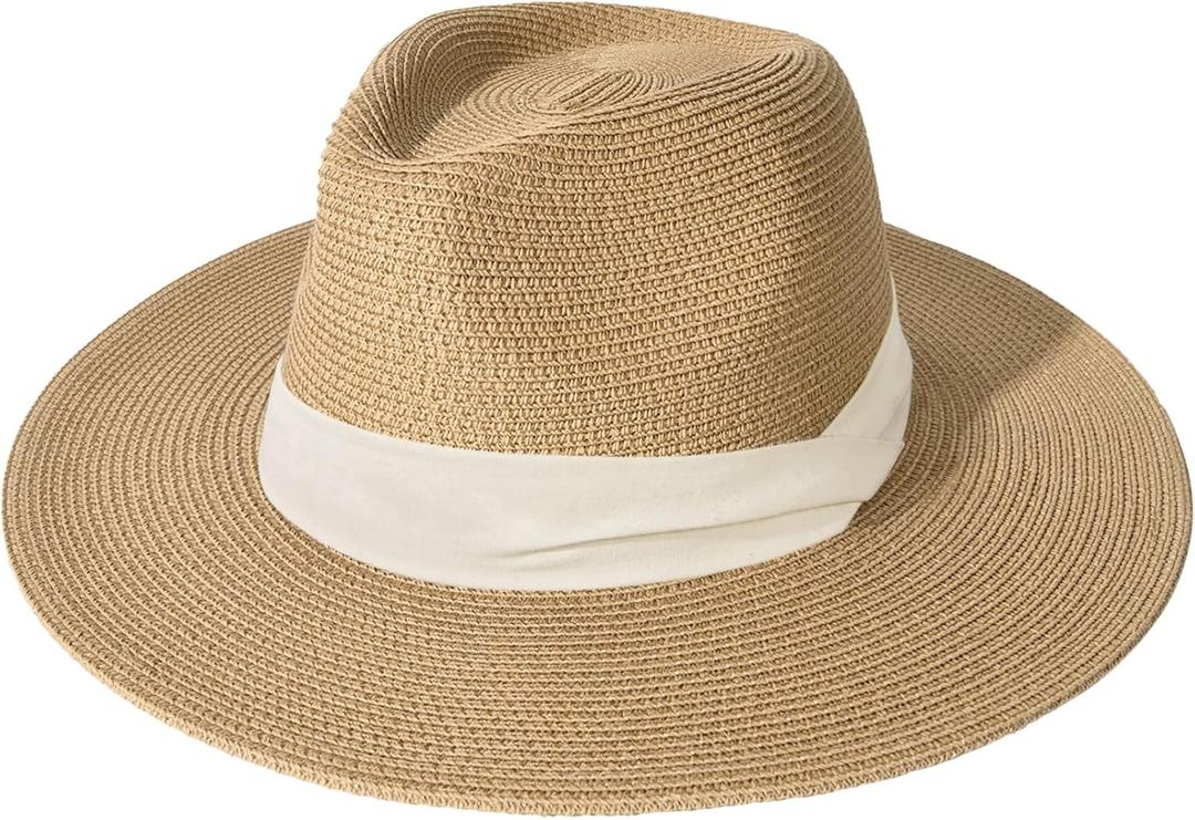 FURTALK Womens Mens Wide Brim Straw Panama Hat Fedora Summer Beach Sun Hats UPF Straw Hat for Women (Medium-Large, Khaki-beige)