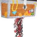 Pull String Treasure Chest Pinata For Kids Pirate Birthday Party Decorations (Small 12 X 10 6.5 In) Multi Color Wood