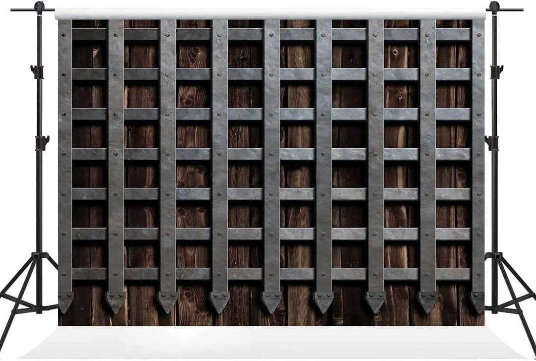 10x7ft Medieval Wooden Castle Door Backdrop Greek Style Art Design Iron Gate Photography Background Banner Old Prison Cell Fence Halloween Decoration Portrait Photo Booth Supplies BJZYKI00185