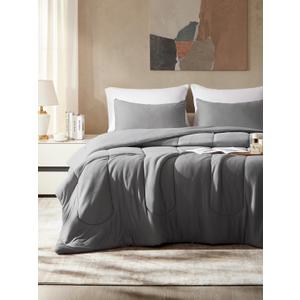 SLEEP ZONE Queen Size Comforter Set for Bedroom, 3 Pieces Breathable Soft Jersey Knit Bedding Sets for All Season Use, Machine Wash, Easy Care (Grey, Queen)