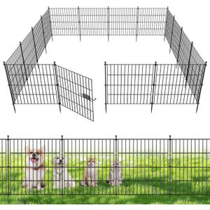 10 Panels No Dig Decorative Outdoor Garden Fence with Gate for Yard, 24 in(H) X 20 ft(L) Animal Barrier Fencing Rustproof Metal Wire Panel Border for Dog, Rabbits, and Patio Temporary Ground Stakes