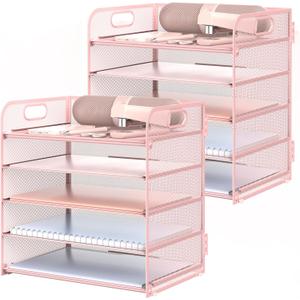 2 Pack Letter Tray 5-Tier Desk Organizer File Paper Holder with Handle, Metal Desktop Document Shelf Tray Office Classroom Organization - Pink