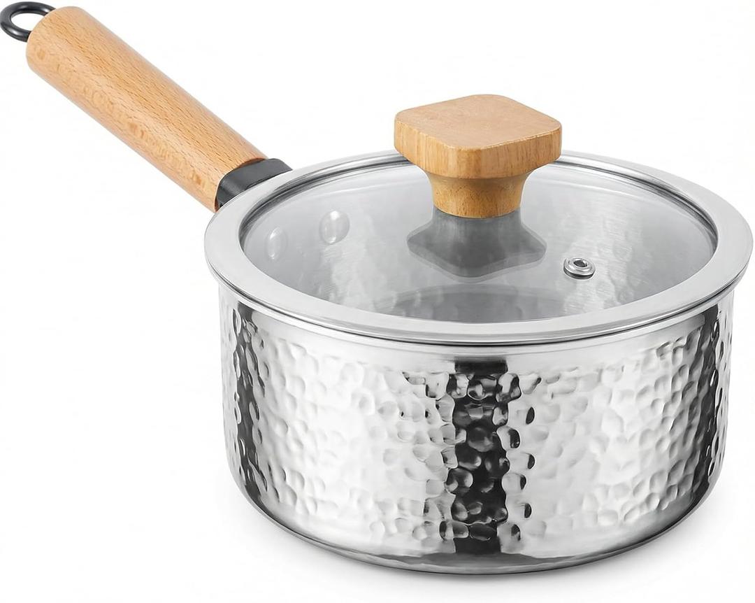 WANGYUANJI 1.8 Quart Stainless Steel Saucepan with Lid, Tri-Ply Steel Small Sauce Pan, Coating-Free Interior, Hammered Finish, Induction Compatible Soup Pot with Tempered Glass Lid & Wood Handle