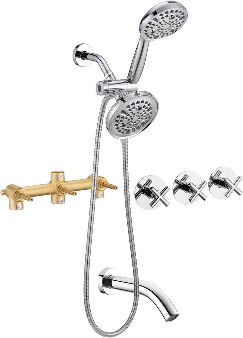 PROOX 3 Handle Tub Shower Faucet Set, Dual shower head Combo with Tub and Shower Trim Kit with Rough-in Valve, Polished Chrome Bathtub Shower Faucets, Wall Mounted Bathroom Rain Shower System