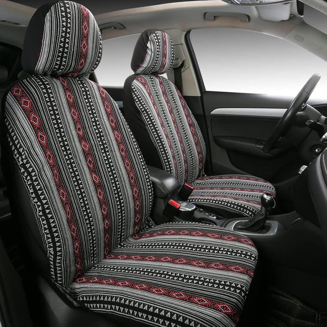 PONYJOYUP Baja Saddle Blanket Car Seat Covers 4PCS Front, Breathable Washable Striped Woven Automotive Vehicle Seat Cover, Universal Boho Seat Cover for Sedan, SUV, Truck, Airbag Compatible (Red and White)