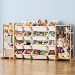 Toy Storage Organizer with Bookshelf and Stuffed Animal Storage - Playroom Organization with Shelves and 12 Bins - Living Room Box for Lego - Bedroom Decor Essentials, White, 67"W,3 Shelves,16 Bins