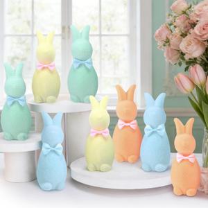 Sfcddtlg 8 Pcs Flocked Bunny Easter Decorations, Pastel Flocked Rabbit Tabletop with Bow Tie, Easter Flock Bunny Figurines for Spring Home Office Table Centerpieces Decor