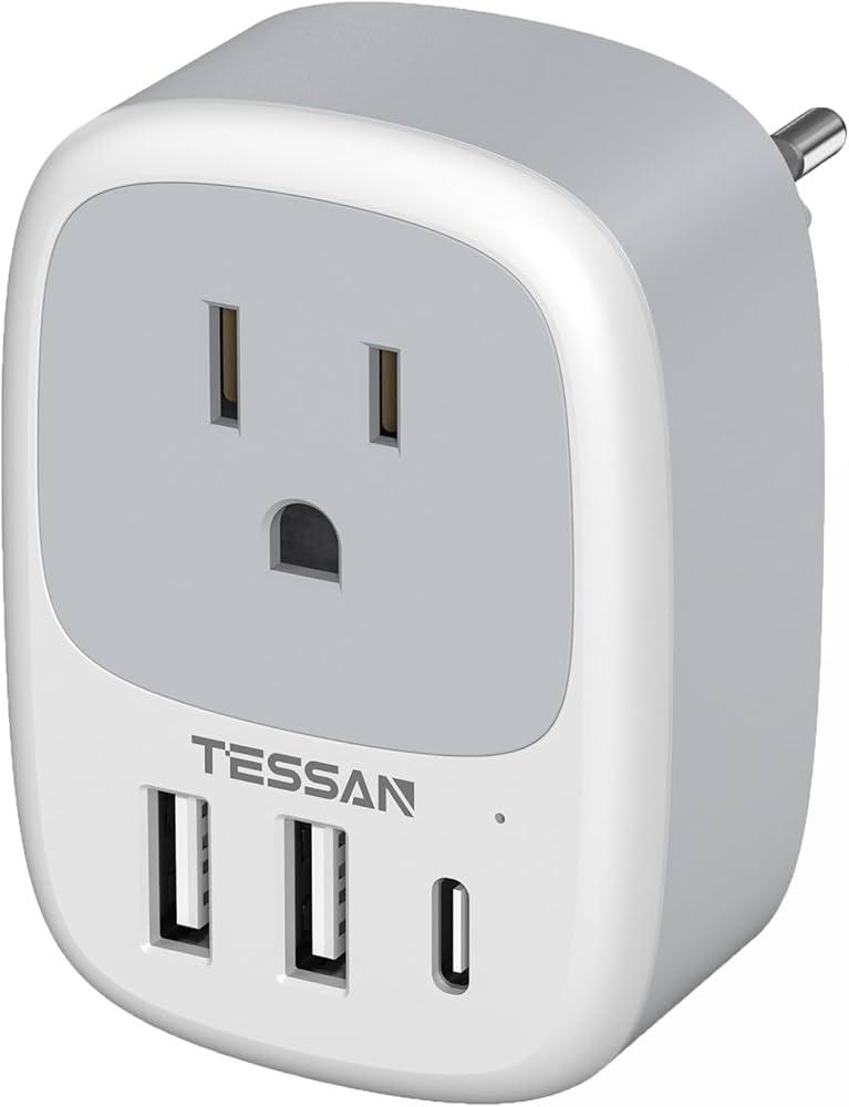 TESSAN  European Travel Plug Adapter, Europe Power Converter 4 Outlets 3 USB(1 USB C PD 20W), Type C International Adaptor to Italy Spain France Portugal Iceland Germany, EU Travel Essentials