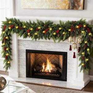 6 FT Christmas Cedar Garland, Real Touch Soft & Thickness Greenery Pine Garland with Lights Battery Operated for Mantle Table Fireplace Outdoor Indoor Christmas Decor