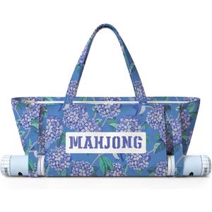 Shinylin 28 x 9 Inches Floral Mahjong Bag for Tiles and Racks Canvas Tote Bag with Mat Holder Accessories Organizer Portable Mahjong Case Drawstring Protective Sleeve (Blue Hydrangea)