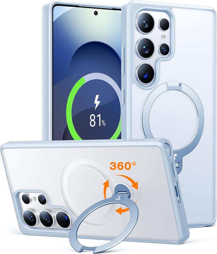 TORRAS 360° Spin Magnetic Stand for Samsung Galaxy S25 Ultra Case, Fit for Magsafe, Shockproof Slim Protective S25 Ultra Case with Kickstand for Women Men, Ostand Spin, Translucent Frosted Silver blue