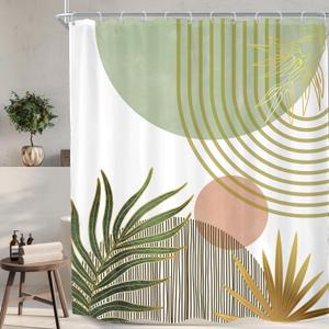 KOMLLEX Mid Century Boho Shower Curtain for Bathroom Decor Abstract Green Modern Minimalist Red Aesthetic Sun Arch Curve Leaves Geometric Neutral Fabric Waterproof Polyester 12 Pack Hook 60Wx72H (Green Orange Gold)