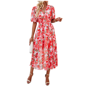 Spring Summer Floral Dresses for Women 2025 Chiffon Empire Waist Puff Sleeve Midi Beach Sundress Boho Vacation Outfits, XL