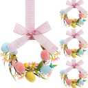 Hoteam 4 Pcs Easter Kitchen Cabinet Wreath with Plaid Bow Ribbon 8.7'' Mini Artificial Easter Egg Wreath Spring Berry for Front Door Window Wall Decor (Pink Bow)