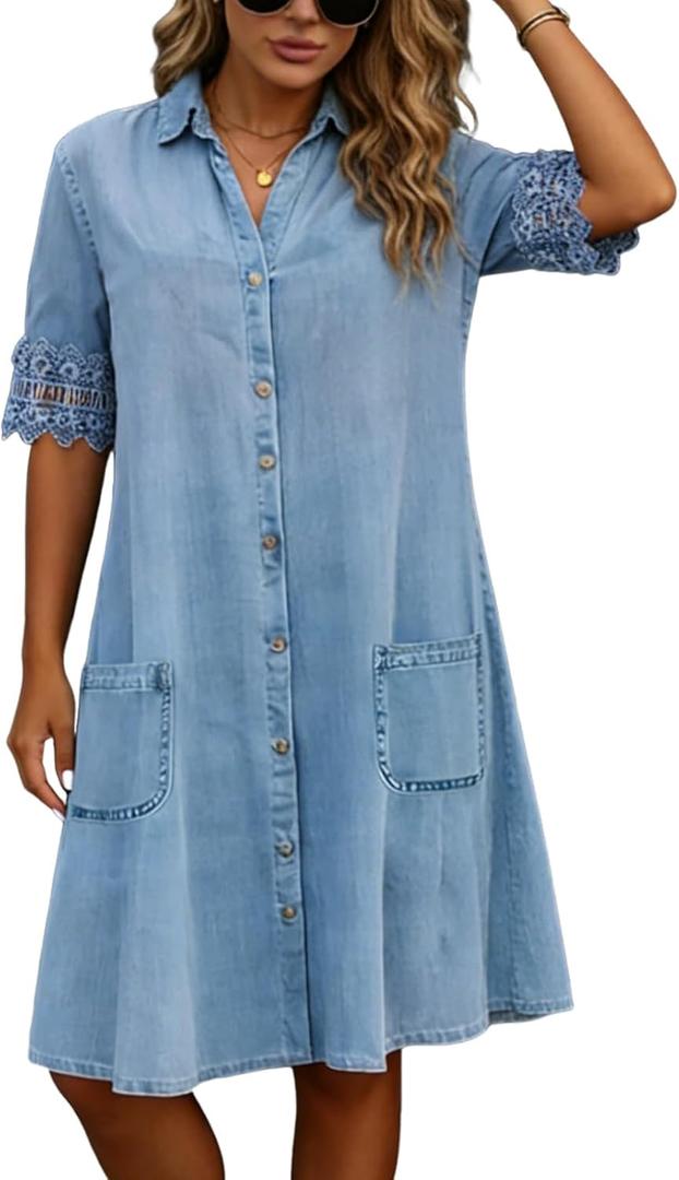 Denim Dress for Women 2026 Summer Casual Lace Trim Half Sleeve Blue Jean Dresses Button Down Shirt Dress Western Outfits (Blue, S)