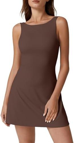 QINSEN Womens Open Back Tennis Dress Sleeveless Built in Shorts Golf Athletic Dress with Pockets, M
