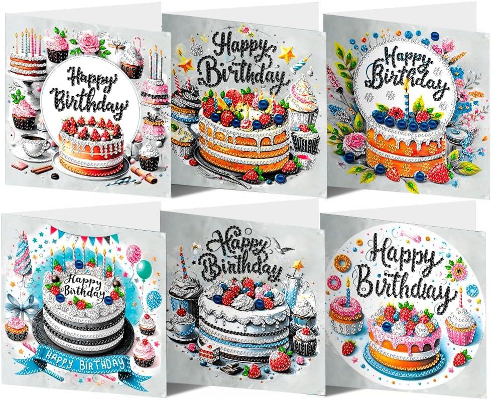 pigpigboss 6 Packs Happy Birthday Diamond Painting Greeting Cards, Birthday Cake Diamond Art Cards with Envelope, Special Shaped Birthday Cake Painting Crads for Adult Birthday Blessing