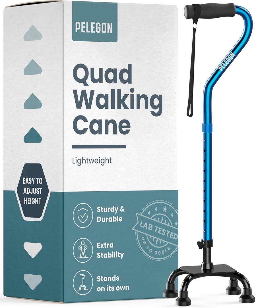 PELEGON Quad Cane (300 lb) - Adjustable Walking Cane with A Large 4 Pronged Base for Extra Balance & Stability, Walking Canes for Seniors, Walking Cane for Men & Women, Walking Sticks (Blue)