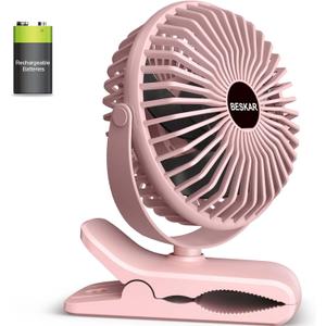 BESKAR Portable Clip on Fan Rechargeable, 4 Speeds Small Battery Operated Fans, USB Desk Fan with Strong Airflow, Sturdy Clamp Fans for Golf Cart Office Outdoor Travel Camping (Light Pink)