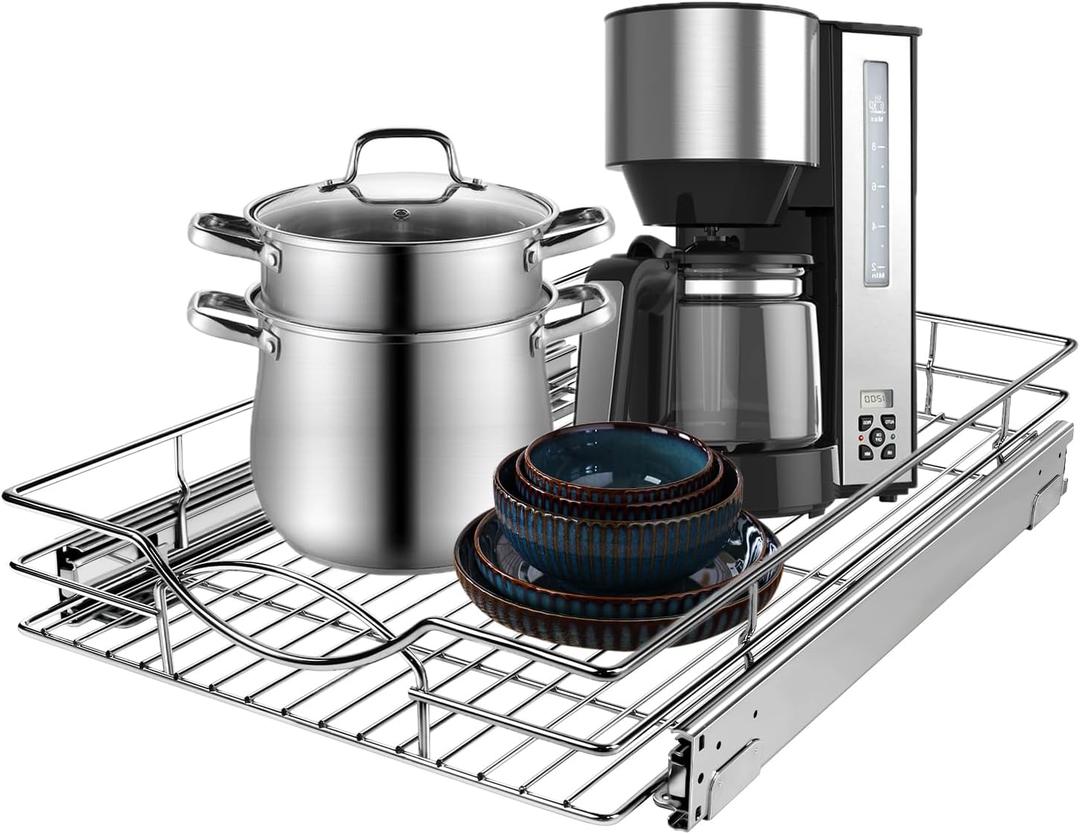 Pull Out Cabinet Organizer 11" W x 21" D, Heavy Duty Kitchen Cabinet Pull Out Shelves, Slide Out Wire Basket for Kitchen Cabinets, Bathroom, Pantry, Chrome Finish