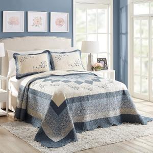 Blue Floral Embroidered Quilted Bedspread - Lightweight Breathable All Seasons Bedding, Full Size (Full Bedspread)
