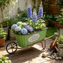 24 Inch Rustic Large Flower Cart Farmhouse Metal Wheelbarrow Planters Vintage Distressed Green Country Garden Decorative Flower Pot for Patio Garden Balcony (Handcart)